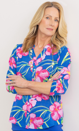 Anna Rose Bouquet Print Shirt With Necklace - Blue/Multi