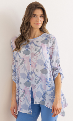 Botanical Printed Dip Hem Tunic Top - White/Blue/Pink