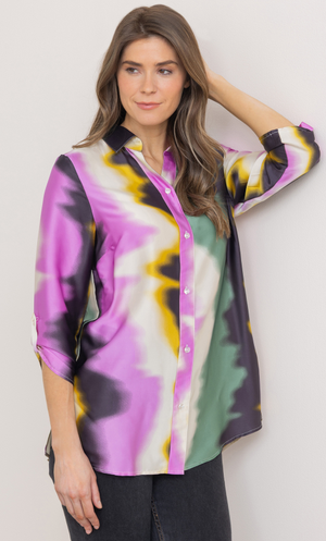 Printed Satin Look Blouse - Green/Pink