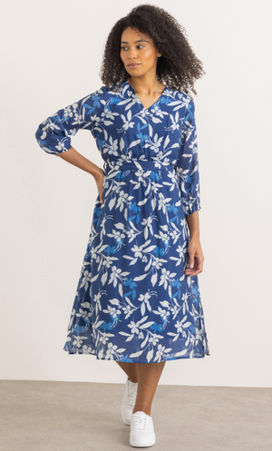 Botanical Print V Neck Dress - Navy