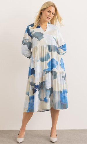 Watercolour Printed Lightweight Relaxed Fit Dress - Green/Blue