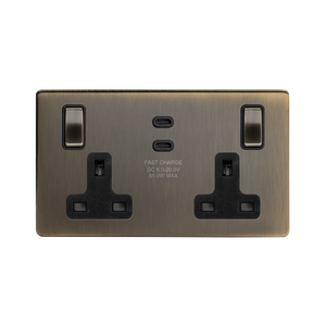 The Charterhouse Collection Antique Brass 2 Gang 65W USB C+C Socket (13A Socket + 2 USB C Ports)