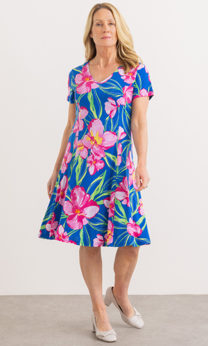 Anna Rose Bold Floral Textured Dress - Blue/Pink/Lime