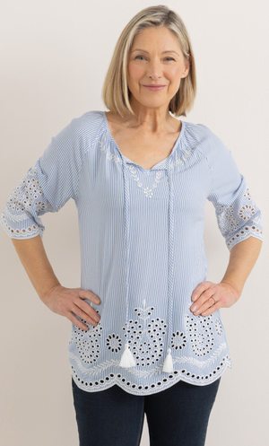 Anna Rose Embroidered Stripe Top - Blue/White