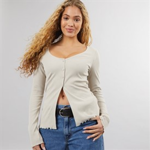 Brave Soul Womens Frill Hem Ribbed Top Stone