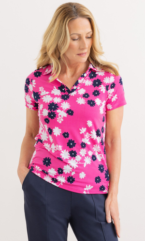 Anna Rose Textured Floral Print Polo Top - Pink/Multi