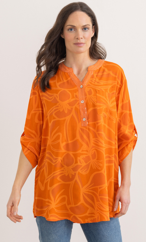 Embellished Printed Relaxed Fit Cotton Top - Tangerine