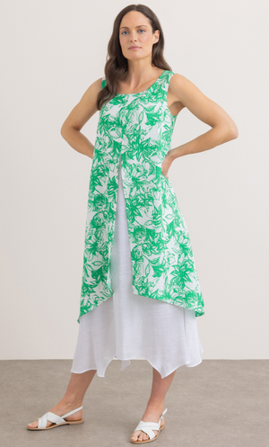 Botanical Print Layered Sleeveless Midi Dress - White/Green