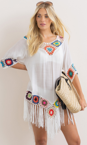 Crochet Detail Tassel Top - White/Multi