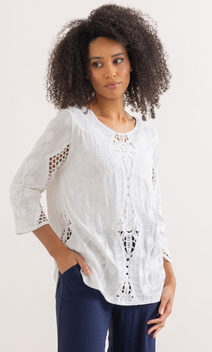 Embroidered Crochet Trim Cotton Top - White