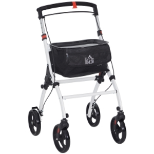 HOMCOM Folding Upright Rollator Walker with Lightweight Walking Frame, Storage Bag, Tray, Dual Brakes, Adjustable Handle Height, Mobility Aid Rolling 4 Wheeled Walker for Seniors, White