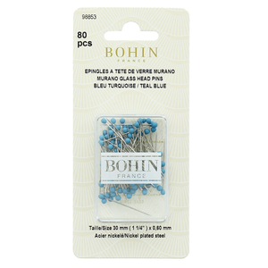 Boite de 80 épingles extra-fines tête de verre Murano bleu turquoise Bohin