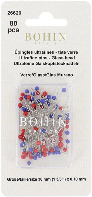 Boite de 80 épingles ultra-fines tête de verre Murano Bohin