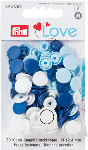 Set de 30 boutons pression Color Snaps 12,4 mm - Bleu, blanc et bleu clair