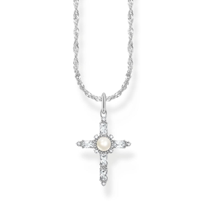 Silver Pearl & Princess Baguette Cut CZ Cross Necklace