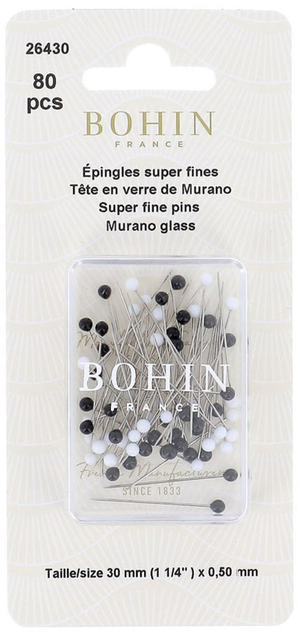 Boite de 80 épingles super-fines tête de verre Murano noir et blanc Bohin