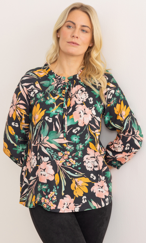 Garden Print Raglan Sleeve Top - Black/Orange/Green