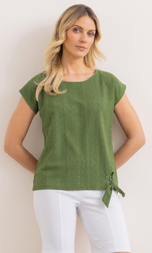 Eyelet Embroidered Tie Front Jersey Top - Khaki
