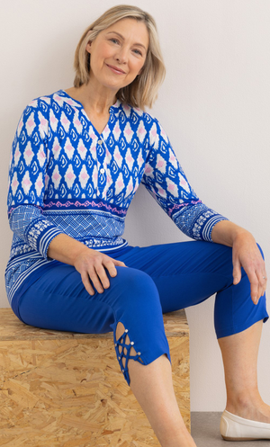 Anna Rose Printed Notch Neck Top - Blue/Pink