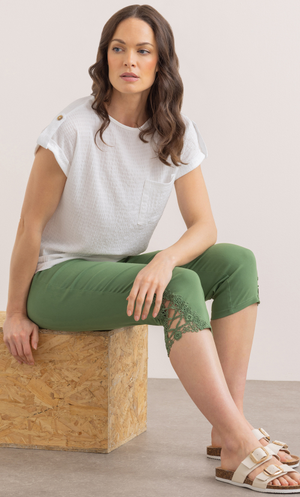 Lace Trim Cropped Slim Fitted Trousers - Khaki