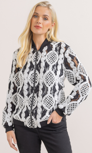 Embroidered Lace Bomber Jacket - Black/White