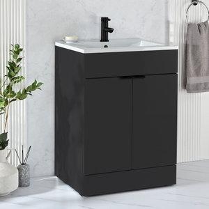 Milano Lurus - Black Grey 610mm Modern Vanity Unit with Basin and Black Finger Pull Handles