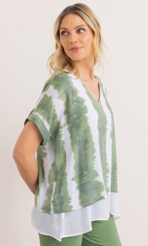 Tie Dye Layered Top - Khaki/White