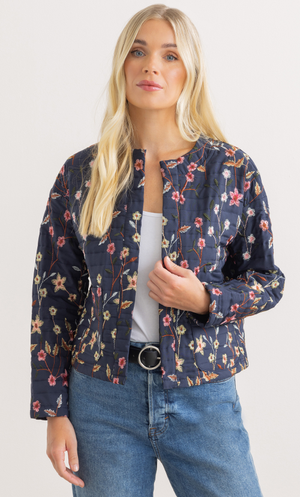 Floral Embroidered Quilted Jacket - Navy/Multi