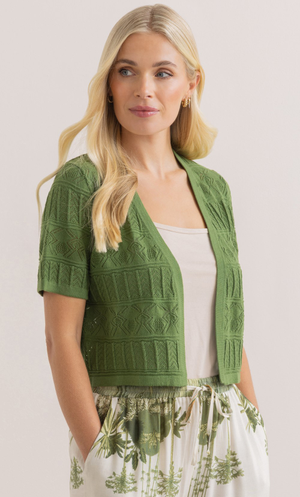 Short Sleeve Cropped Pointelle Cotton Cardigan - Khaki