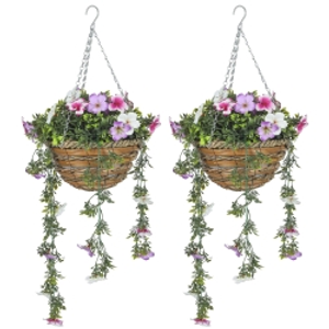HOMCOM Set of 2 Artificial Silk Azalea Flowers, Hanging Planters with Basket, Faux Plants for Home Indoor Outdoor Decor, Pink and White