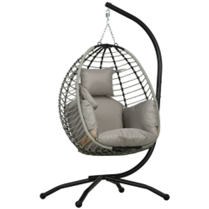 Outsunny Silla Colgante con Soporte Cesta Plegable Cojín y Reposacabezas para Interior y Exterior Carga 120 kg Gris y Negro
