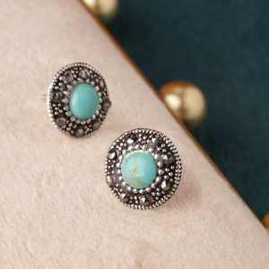 Signature Silver Marcasite Turquoise Halo Stud Earrings