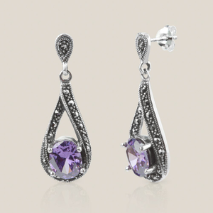 Signature Silver Marcasite & Amethyst CZ Twist Drop Earrings