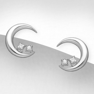 Signature Silver Plain Crescent Moon with CZ Stud Earrings