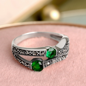 Signature Silver Marcasite & Emerald CZ Ring