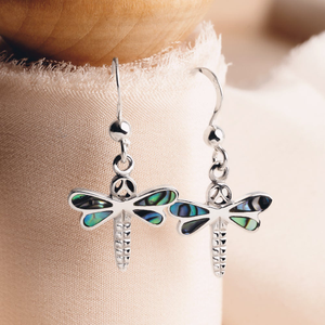 Tempest Meadow Silver Oxidised Abalone Dragonfly Drop Earrings