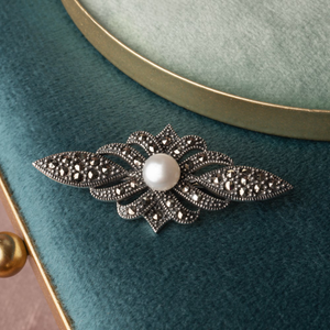 Signature Silver Marcasite & Pearl Brooch