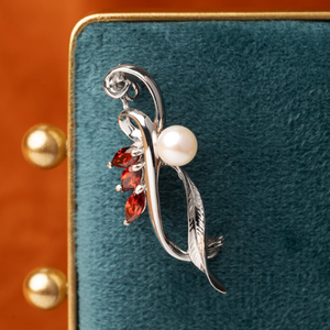 Signature Silver Garnet CZ Pearl Leaf Brooch