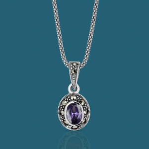 Signature Silver Marcasite & Amethyst CZ Oval Necklace