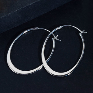 CANDY Cane Oval Flat Edge Silver Hoop Earrings