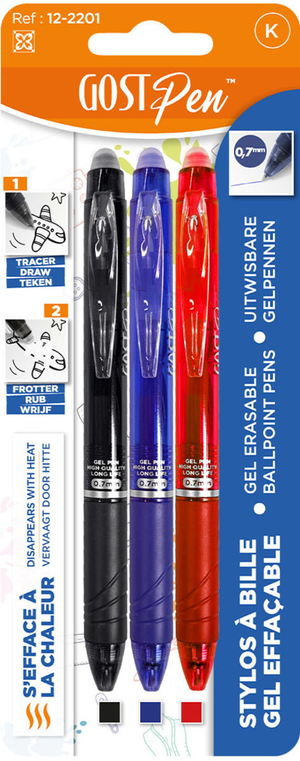 Set de 3 stylos à bille effaçables à la chaleur - Noir, rouge et bleu marine