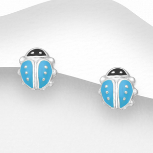 Signature Silver Blue Enamel Ladybird Stud Earrings