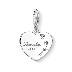 Classic Silver December Birth Flower & Date Heart Charm