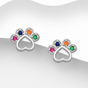 Signature Silver CZ Colourful Paw Print Heart Stud Earrings