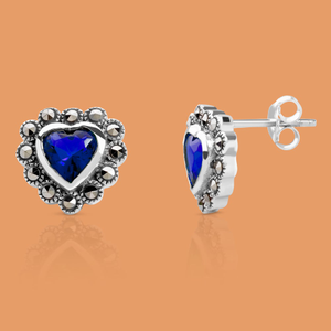 Signature Silver Marcasite & Sapphire CZ Heart Earrings
