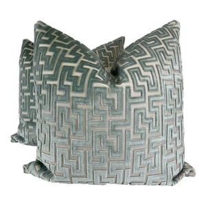 Greek Key Cut Velvet in Aqua 22" Pillows-A Pair