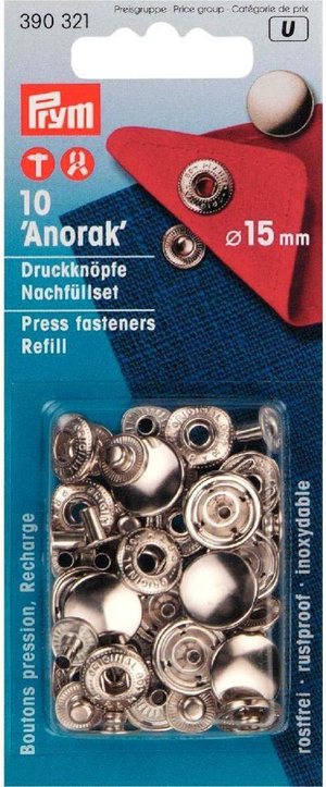 Recharge de 10 boutons pression anorak 15 mm Argent
