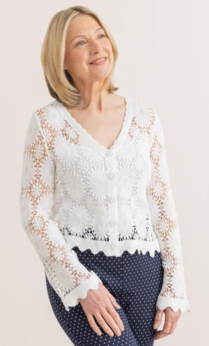 Anna Rose Floral Crochet Cotton Cardigan - White