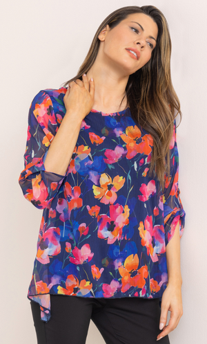 Garden Print Dip Hem Top - Midnight/Fuchsia