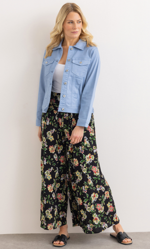 Floral Print Wide Leg Trousers - Black/Orange/Yellow